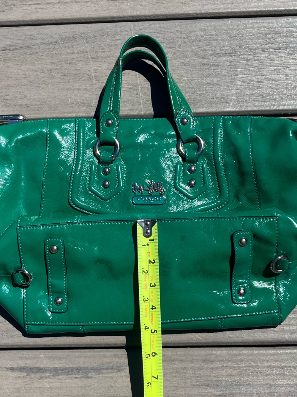 Coach; Emerald Green; Patent Leather; Duel Handle; Medium Satchel; Minimal Wear - Picture 6 of 15